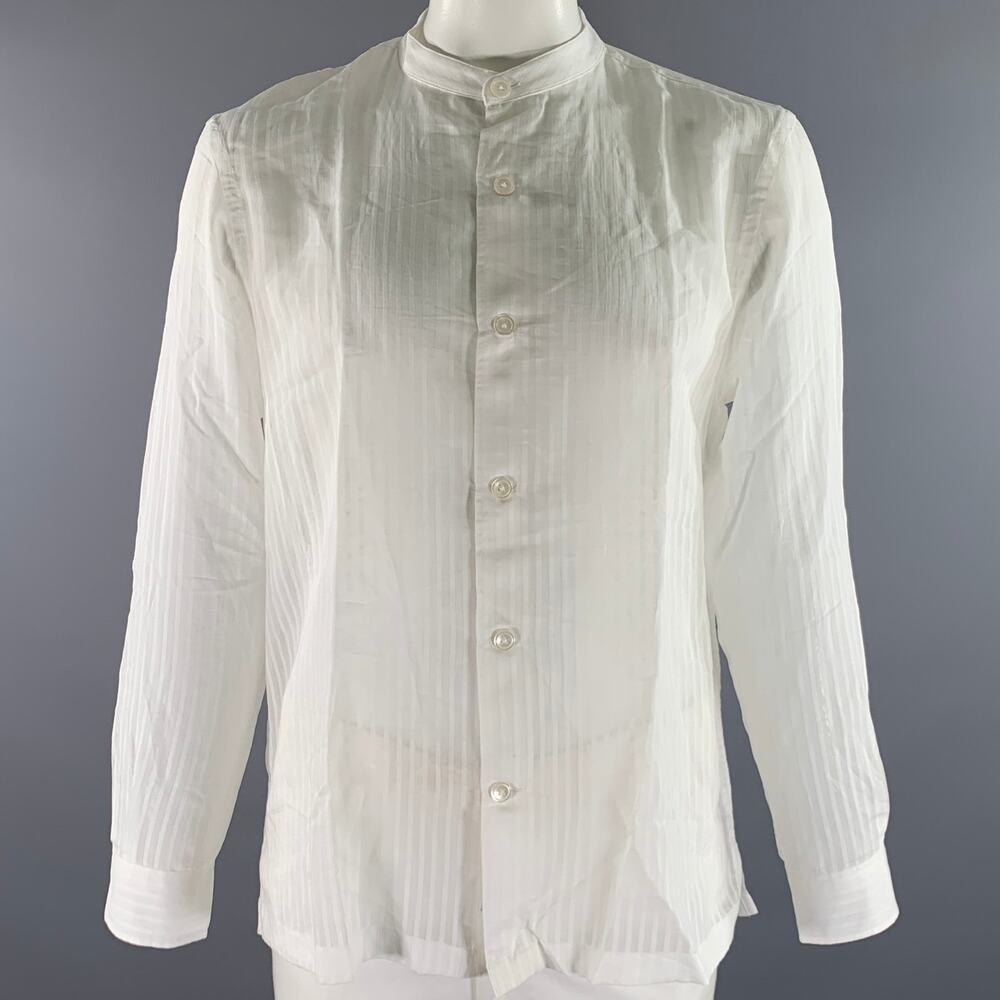 TODD SNYDER Size L White Stripe Cotton Silk Band Collar Long Sleeve Shirt